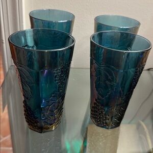 Set of Four Vintage Indiana Harvest Blue Carnival Grape Glass Tumblers